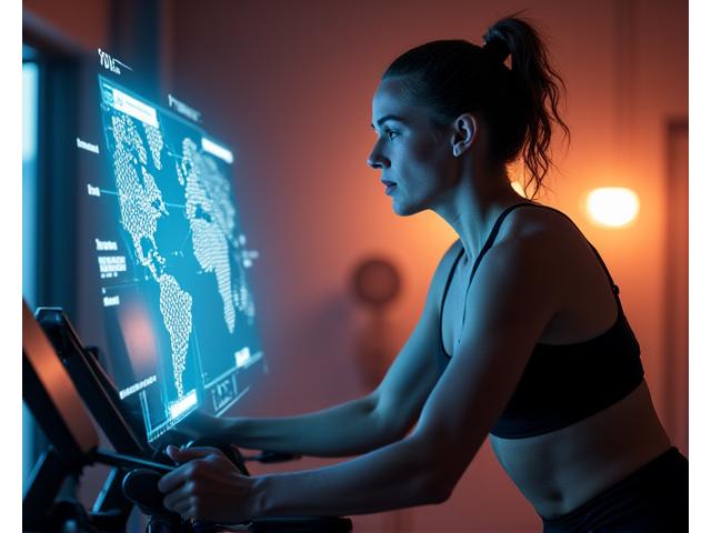 Athlete wearing a wearable device, engaged in a workout, with a stylized holographic overlay showing real-time biometric data and a virtual coach's guidance.