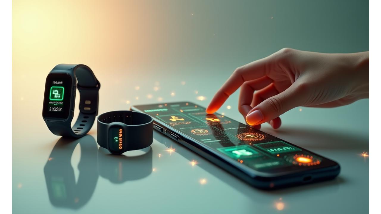 A collage of various smartwatches, fitness trackers, and health app interfaces connected seamlessly, symbolizing data integration.